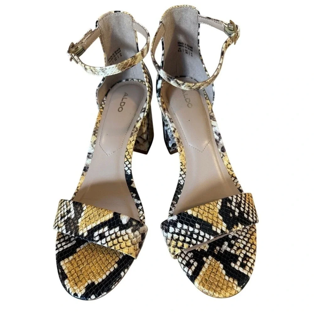 Aldo Block Heel Sandals Women 8.5 Yellow Black Snakeskin Ankle Strap EUC Summer